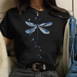 Maycaur Fashion Watercolor Dragonfly Print Women T-Shirt Summer Casual Short Sleeves Ladies O-Collar T Shirts Graphic Print Tops