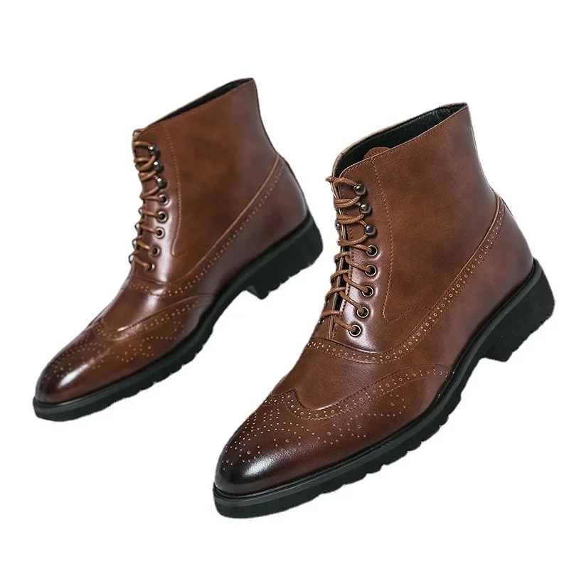 Botas cortas con cordones y punta cuadrada para Hombre, botines De negocios, color marrón, novedad