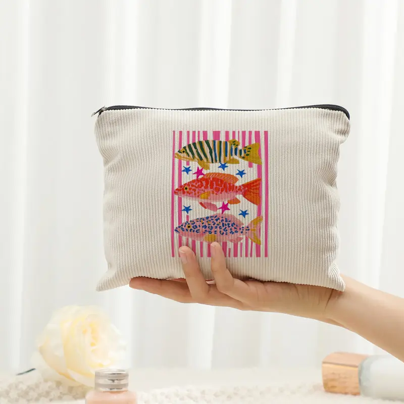 

1pc Maximalist Tropical Fish Trio Makeup Bags Corduroy Storage Bag Aesthetic Accessory Travel for Women Fish Lover Gift Bags