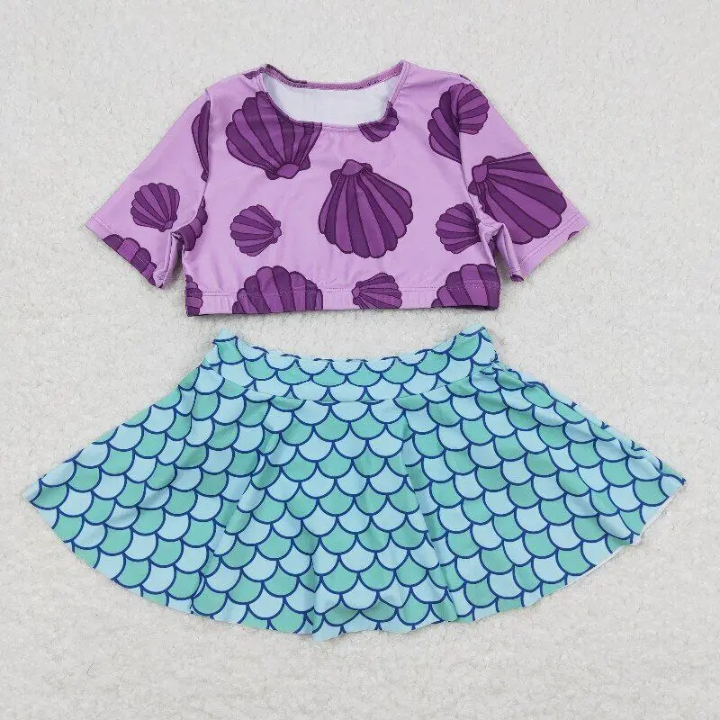 Rts-conjunto de duas peças para meninas, top de manga curta com conchas do mar roxo, roupa de praia infantil, verão