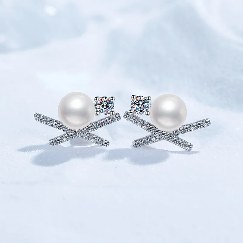 LioraGem Freshwater Pearl Diamond Stud Earrings for Women, Butterfly X-shaped 0.30-carat Moissanite Studs Platinum PT950 Stamp