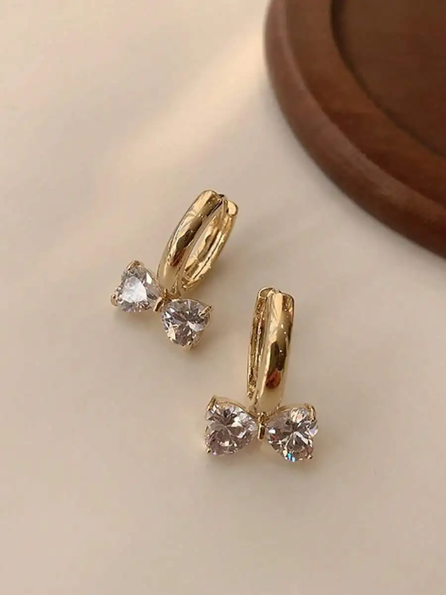 Gold-Tone Hoop Earrings With Dual Heart Crystal Bow Detail, Romantic Gift For Valentine’s Or Mother’s Day