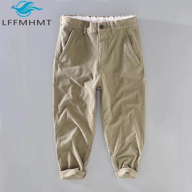 

Мужские вельветовые повседневные брюки H010, свободные укороченные брюки, осень-зима, утепленная модная мужская одежда в японском стиле, винтажная одежда