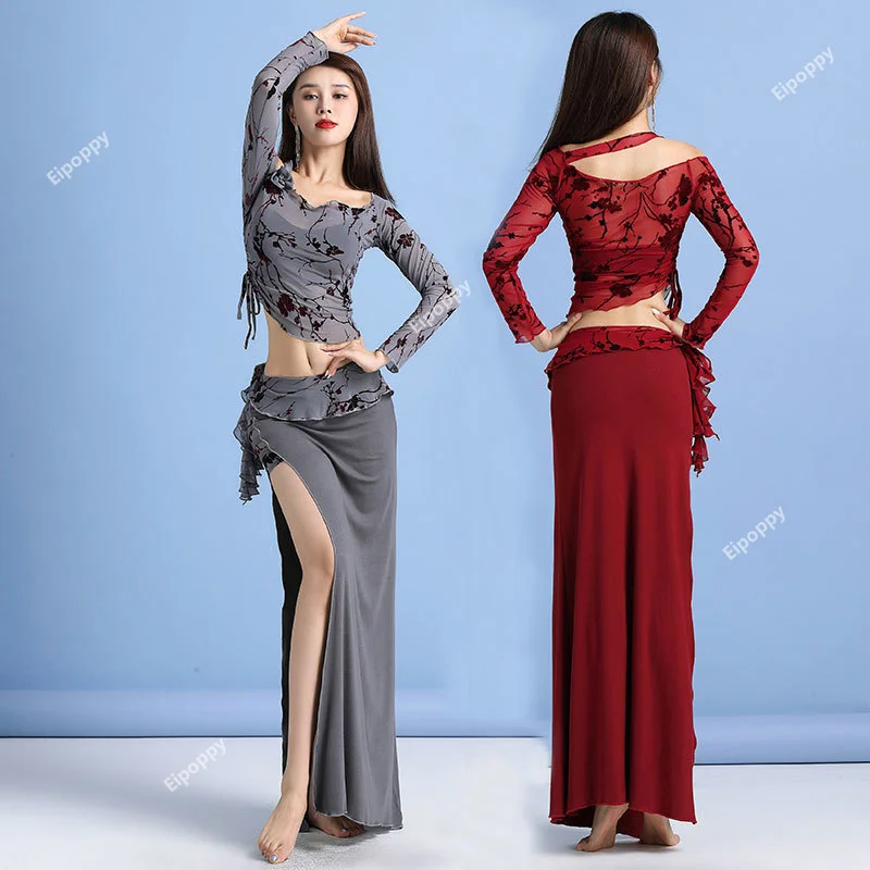 Belly Dance Costume 2 Piece  Dress Women Set French Sexy Elegant Ruffle Sleeve Top Sexy Side Split Skirt Long Cream New