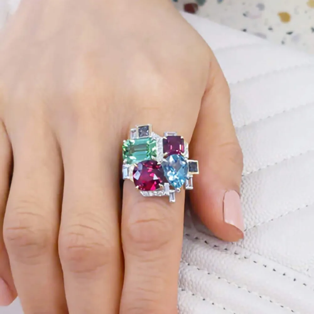Trendy Creative Geometric Multi Shape Colorful 5A Zircon Rings Irregular Cluster Bold Statement Ring for Women Hip Hop Jewelry