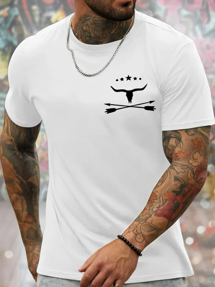 Men Summer White Short Sleeve Tee Bull Skull Cross Arrow Star Print Casual Loose Western Crew Neck Daily Streetwear Fashion Top