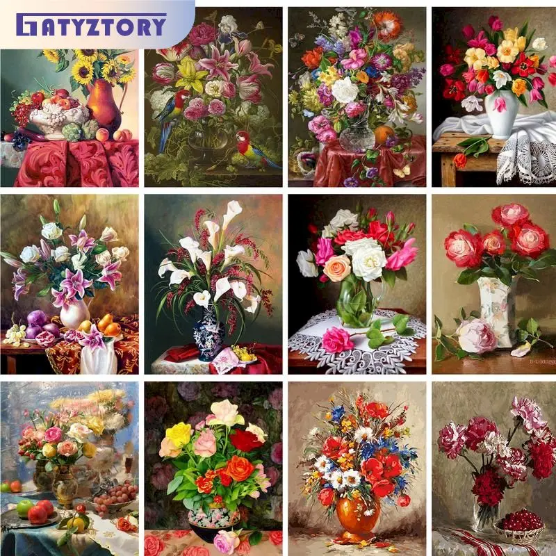 

GATYZTORY Frame Painting By Numbers Classic Folwers Vase Coloring On Numbers For Adults Diy Gift Home Decors Acrylic Paints Hand