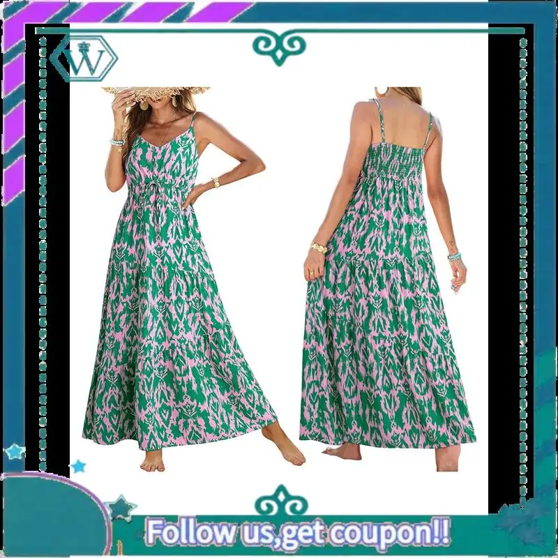 A09P Vestido de verão casual feminino boho vestido sem mangas estampado longo em camadas maxi vestido de praia 2025