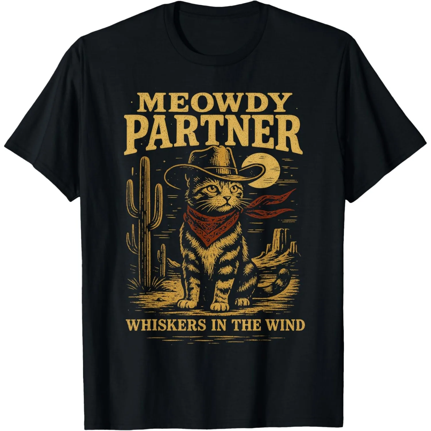 Cowboy Cat Meowdy Partner Funny Graphic Tee Men's Vintage Western Style Cotton T-Shirt