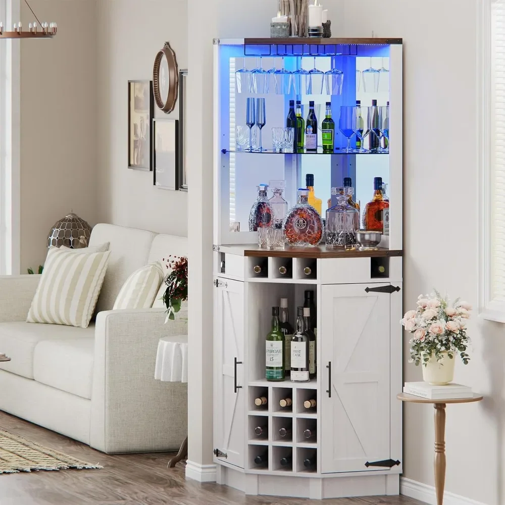 

Corner Bar Cabinet for Liquor, with LED Strip and Glass Holder, Corner Cabinet with Doors and Adjustable Shelf