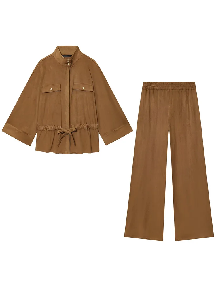 HH – chemises amples à lacets et col montant pour femmes, manches longues, boutons, poches à taille élastique, pantalon à jambes larges, ensemble 2 pièces solide, automne