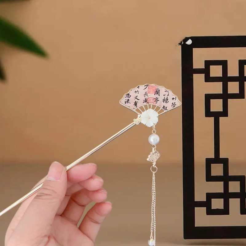 

New Chinese-style calligraphy folding fan hairpin, ancient-style tassel hair accessory, Chinese-style walking and shaking hair
