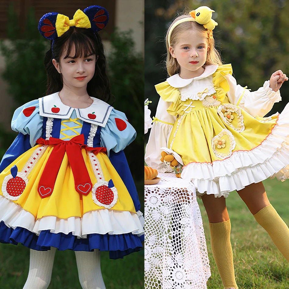 

Snow White Cosplay Lolita Princess Dress for Children Birthday Carnival Ball Gown Girls Cute Floral Yellow Long Sleeves Frocks