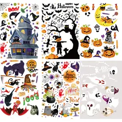 Halloween Window Stickers Horror Skeletons Pumpkin Spider Bat Ghost Witch Wall Sticker Halloween Party Haunted House Decorations