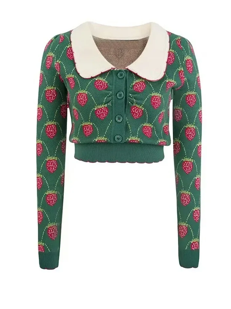 Green Strawberry Jacquard Pullover Sweater Women Knitted Crop Tops Autumn Contrast Peter Pan Collar Long Sleeve Knitwear Jumper