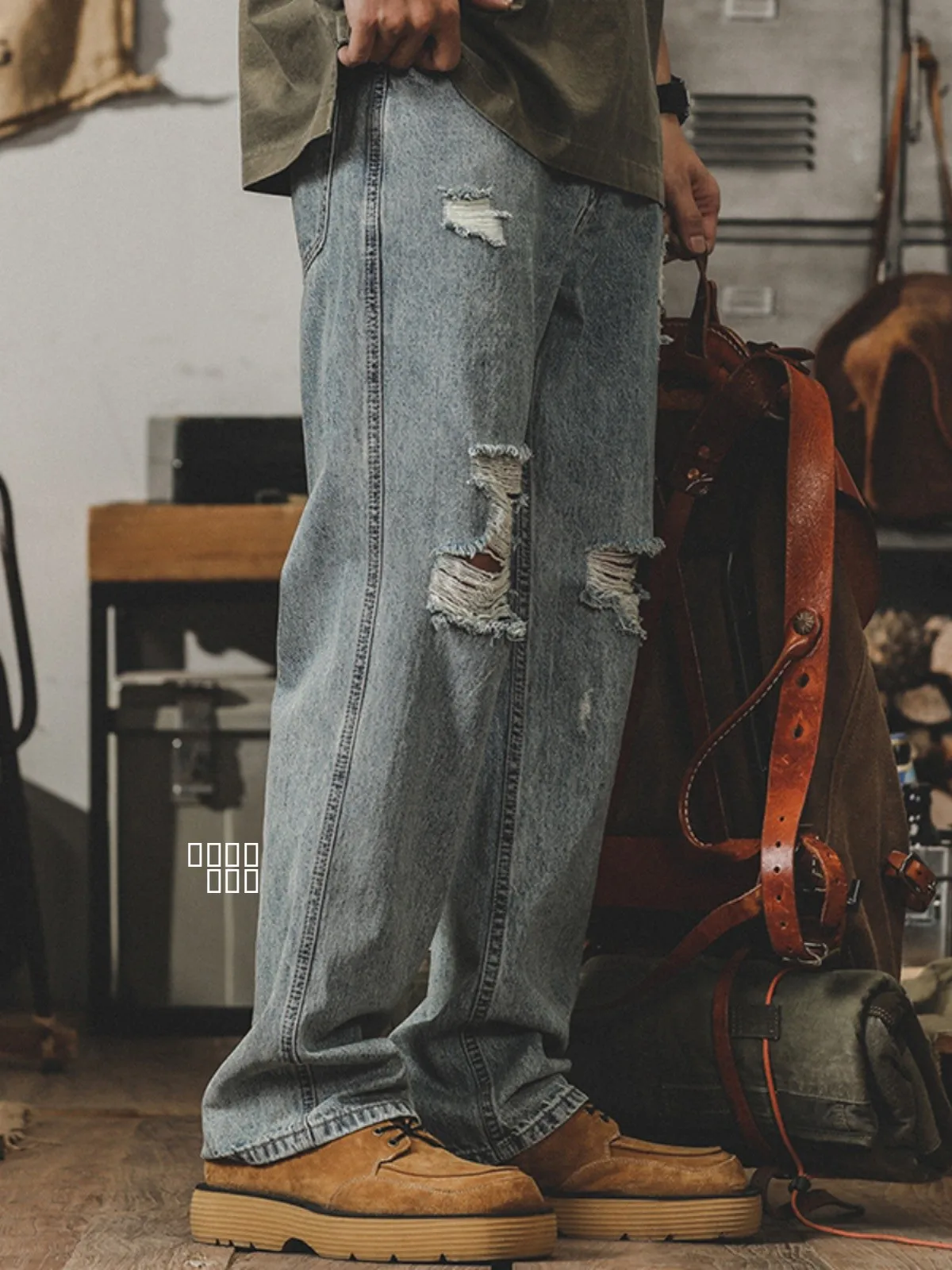 

American Style Vintage Light Wash Ripped Denim Jeans Men's Loose Straight Casual Pants Spring Autumn Versatile Wide Leg Trousers