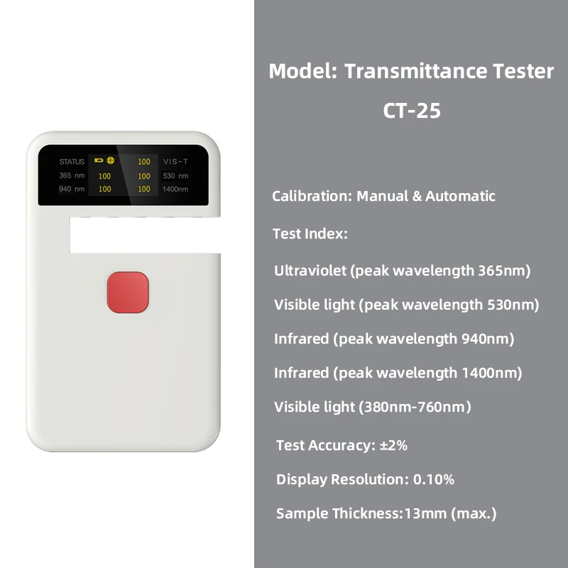 Portable Transmittance Tester CT-25,UV,VL,IR Transmission Meter,365nm/530nm/1400nm,For Solar Film,Optical Glasses,Car Window