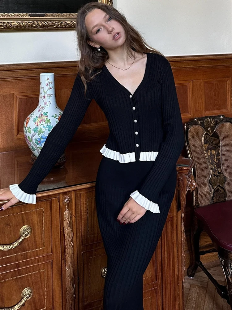 

Tuularose Elegant Knitted Dress Set Fashiona Ruffled Cardigan Top Contrast Skirts Set High-Waisted Autumn Party Women Dress Set