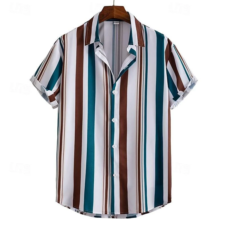 Men's vertical striped shirt with printed short sleeved clothing suitable for daily outings, V-neck fashion designer, casual and