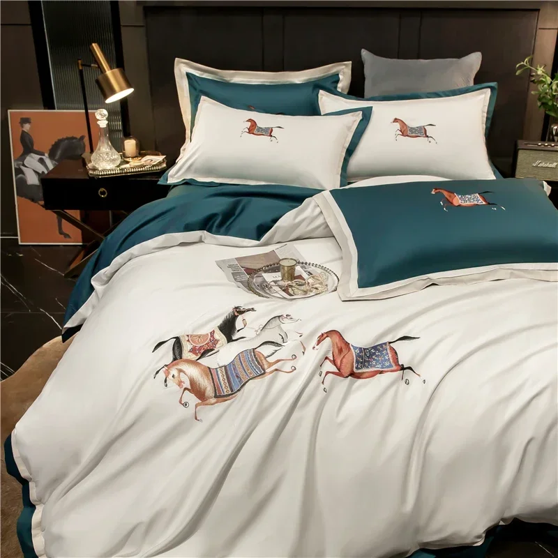 600TC Egyptian Cotton Horse Embroidery Bedding Set, Queen Size, Duvet Cover Set, Bed Sheet, Pillowcases, Luxury, Home Textiles