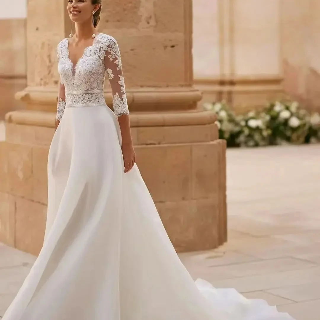 

2025 Elegant Women's V-Neck Wedding Dress Lace Applique Long Sleeves Princess A-Line Bridal Gowns Formal Vestidos De Novia