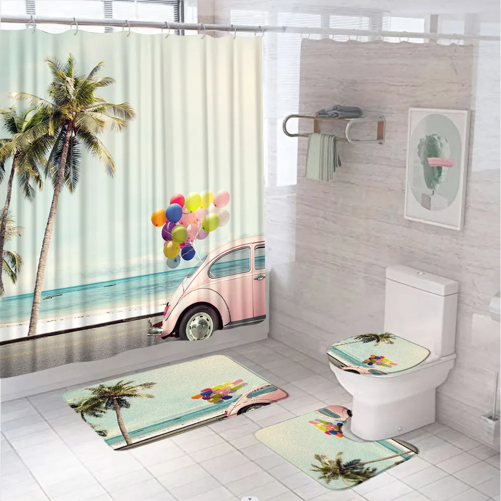 Summer Palm Tree Camping Pink Car Shower Curtains Set Beach Coastal Balloons Scenery Bathroom Curtains Bath Mat Rug Toilet Cover