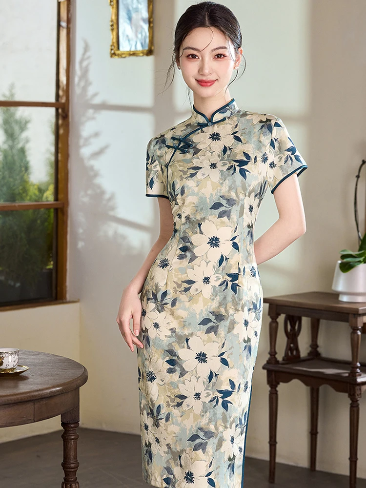 

New Chinese Sle Floral Pattern Long Qipao Ele Women's Daily Wear Age-Defng Jiangnan Original Design ort Sve