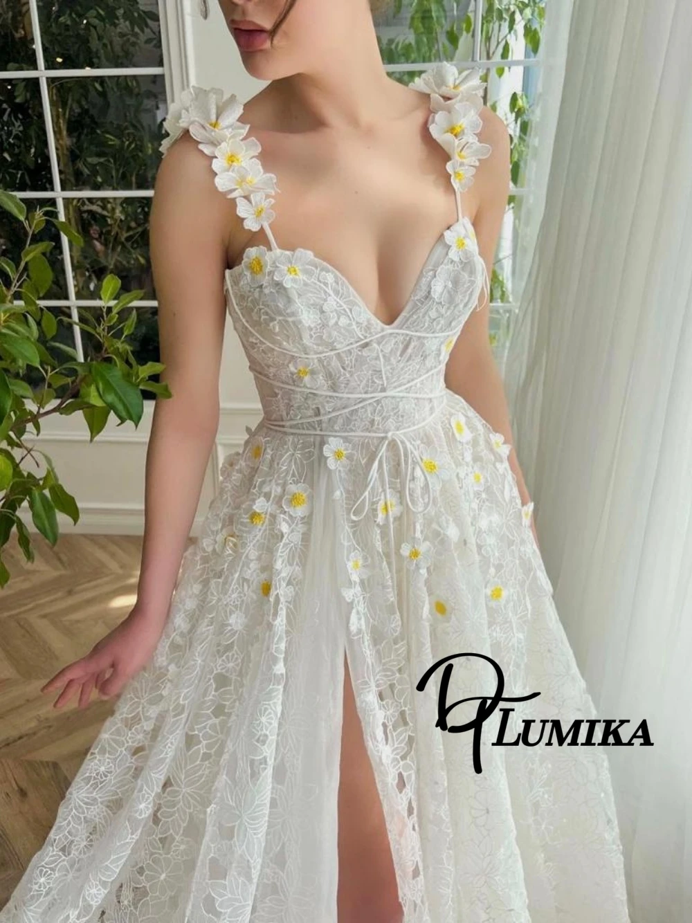 

Fashion Party Floral Evening Dress Romantic Chic Blooms A Line Customized Cocktail Gown Sexy High Slit Deep V Neck Galas Wear