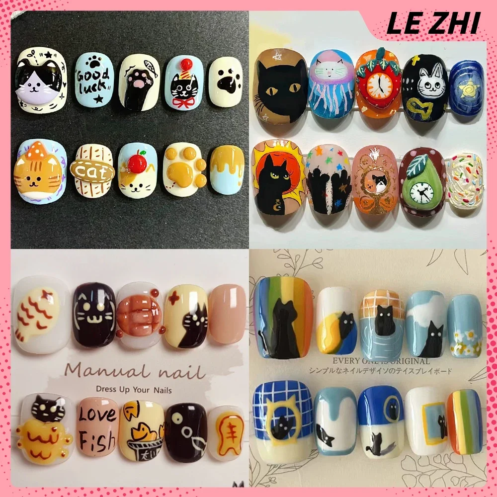 

10Pcs 3D Cartoon Short Round Square Wearable Press On Nails Cute Funny Cat Fish Pearl Bowknot Handmade Party Nail Sticker Gift