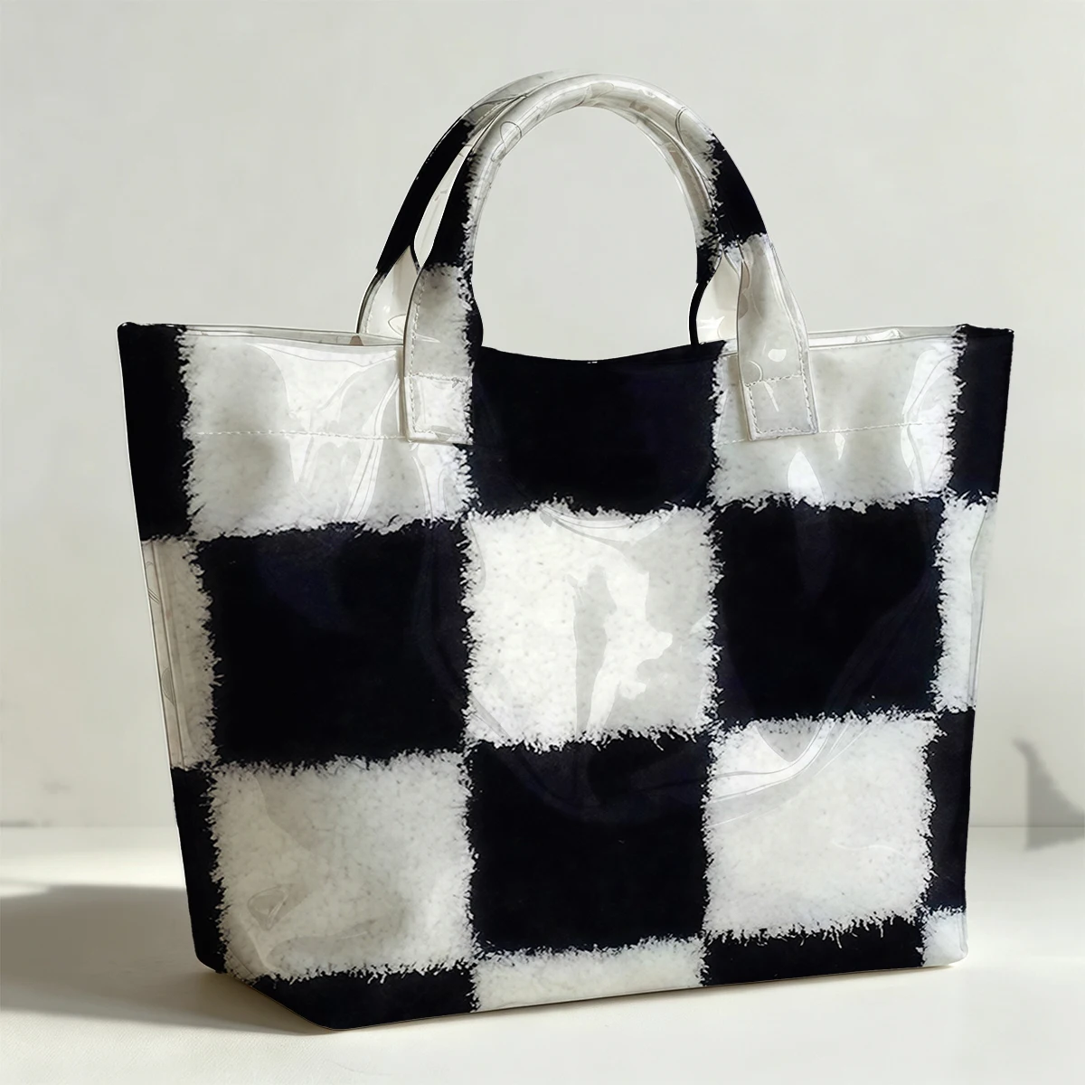 Black and white wool PVC Tote Bag Waterproof Transparent Jelly Bag Beach Bag Tote Pouch Bow Handbags Storage Bag