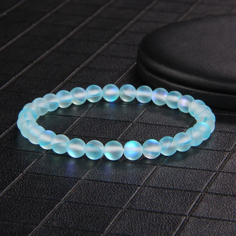 6mm Blau Mondstein Perlen Armbänder Für Frauen Männer Matte Opal Meerjungfrau Glas Österreich Kristall Elastische Armband Schmuck Auf Hand