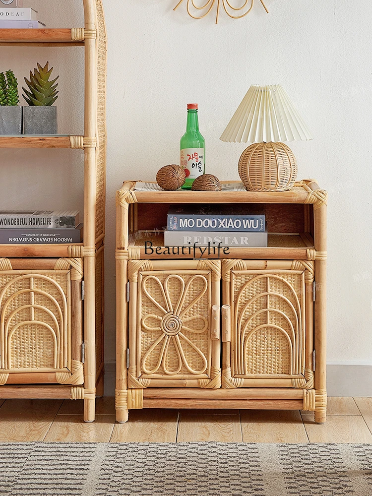 

Real Rattan Woven Living Room Side Cabinet Vintage Storage Bookshelf Storage Cabinet