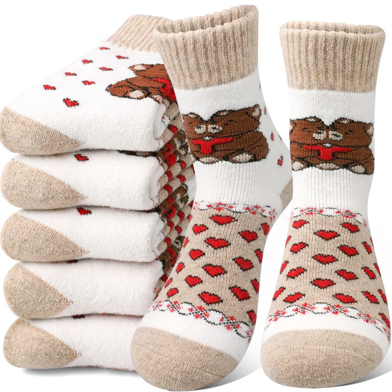 

5 Pairs Winter Thick Warm Socks Women Mid-Crew Thermal Lined Knitted Bear Heart Pattern Cozy Home Non-Slip Floor Socks