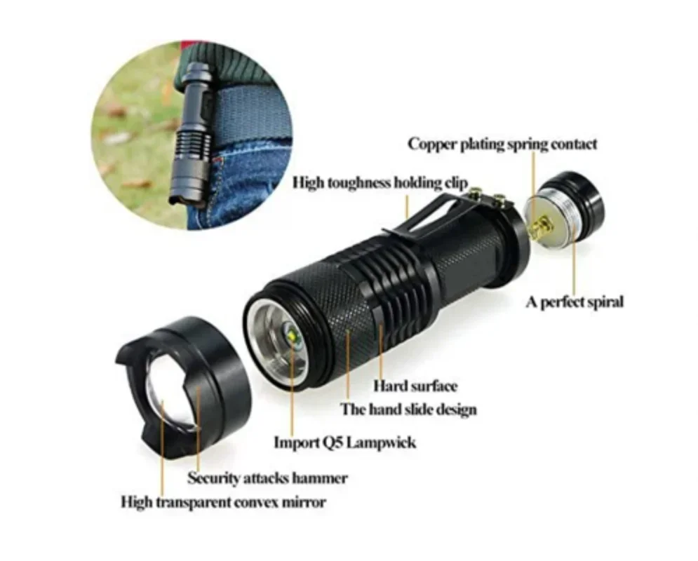 Mini Flashlight 2000 Lumens Q5 LED Torch Adjustable Zoom Focus LED Torch Lamp IP67 Waterproof For Outdoor Camping