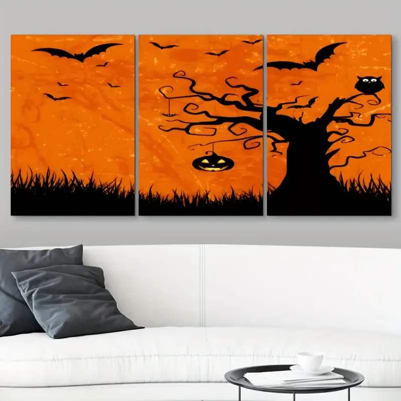 3PCS Large-sized frameless canvas paintings,3pcs/set Halloween No Framed Canvas Wall Painting, Grunge Style Halloween Wrapped Ca