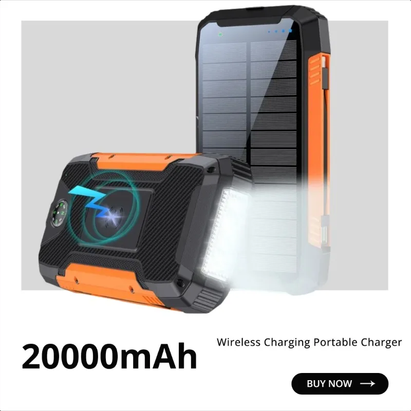

Solar Power Bank with Built-in Cable 20000mAh Wireless Charging Portable Charger