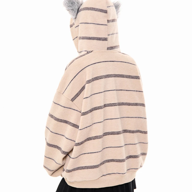 الأمريكية الرجعية تصميم فروي الأذن مقنعين الصوف المرأة البلوز 2025 الخريف الشتاء جديد فضفاض Y2k تنوعا الدافئة جاكيتات السيدات