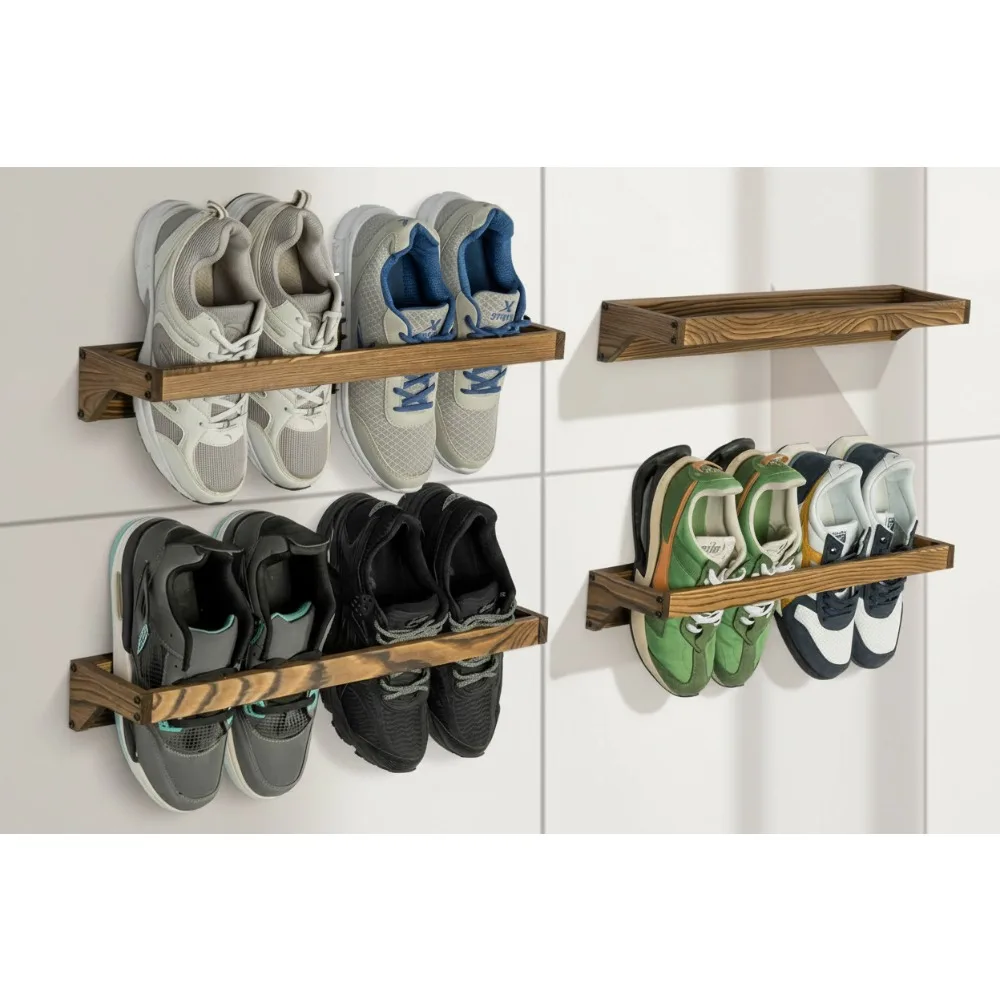 

Set of 4 Rustic Wood Shoe Storage Racks, Wall Mounted Space Saving Organizer for Closet Entryway Holds 8 Pairs
