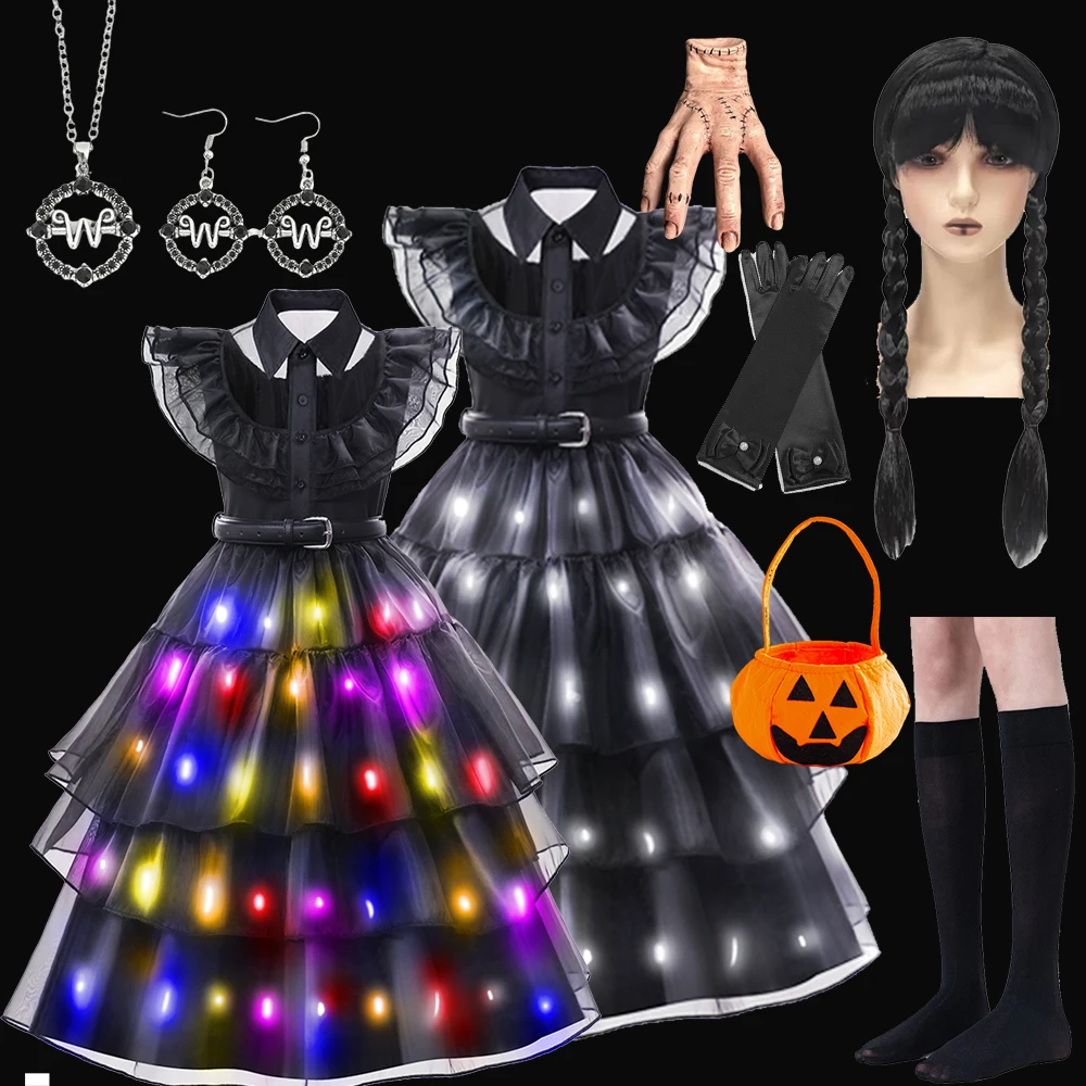 Merlina Girls Costume Wedns day  LED Light Up Dress Black Soft Gauze Skirt Halloween Costumes Carnival Easter Wedns day Dresses