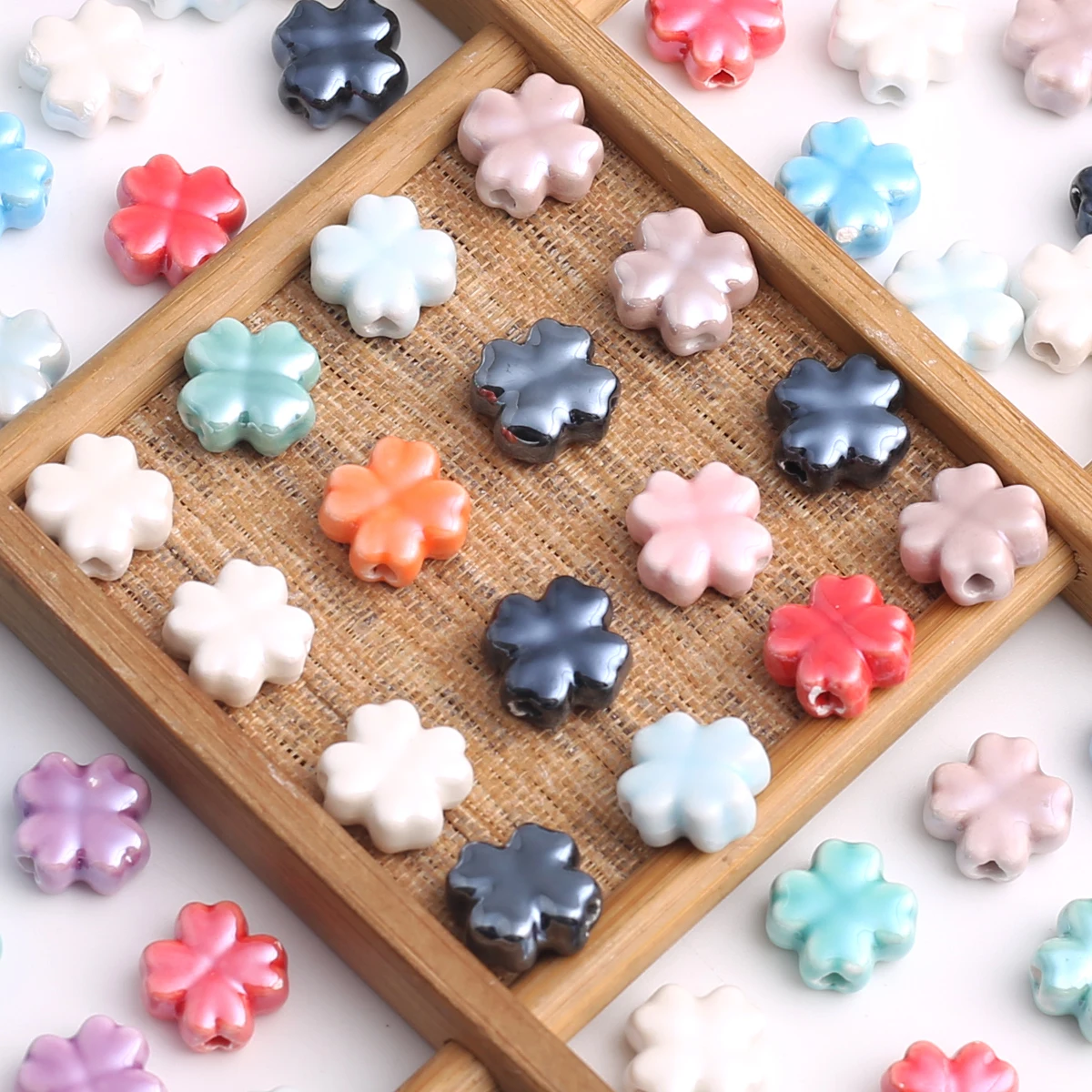 15pcs 12mm Colorful Ceramic Four-leaved Clover Beads & Bead Assortments - Creative Cross-shape Ceramic Beads For Jewelry Making