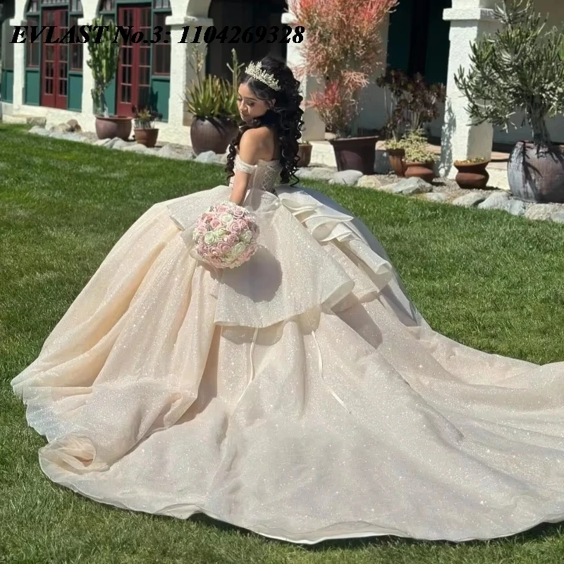 EVLAST ที่กําหนดเอง Glitter แชมเปญ Quinceanera ชุด Applique คริสตัลประดับด้วยลูกปัดโบว์หวาน 16 ชุด Vestidos 15 De XV Años E3Q896