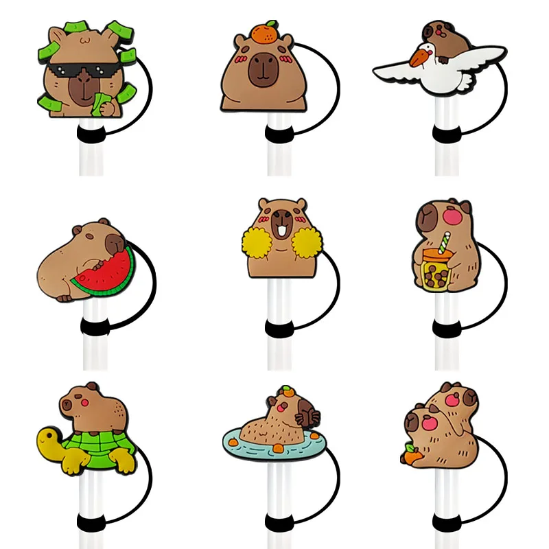 1-9Pcs Cartoon Animal Capibara Straw Cover Cap For Stanley Cup Reusable 10mm Silicone Straw Topper Compatible 30&40 Oz Tumbler
