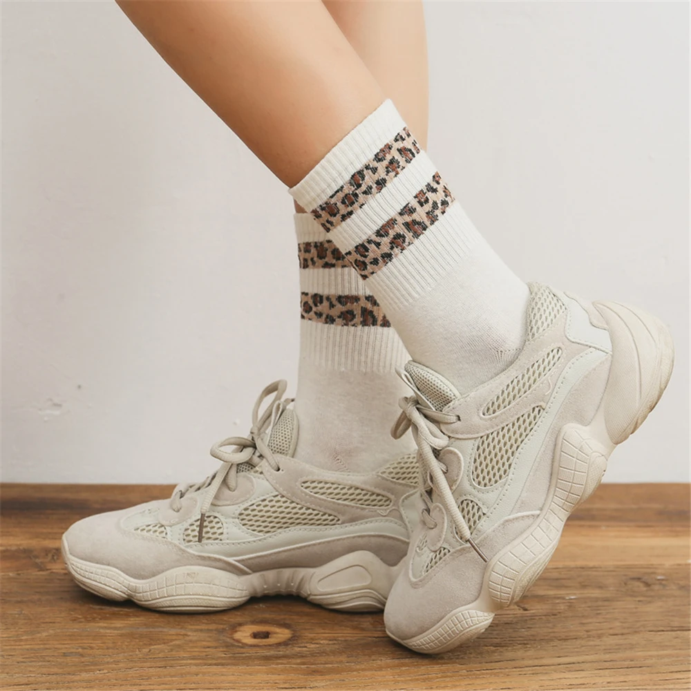 Spring Autumn Winter Women Retro Fashion Popular Leopard Stripe Socks Cotton High Street Harajuku Cool Hipster Cozy Chaussette