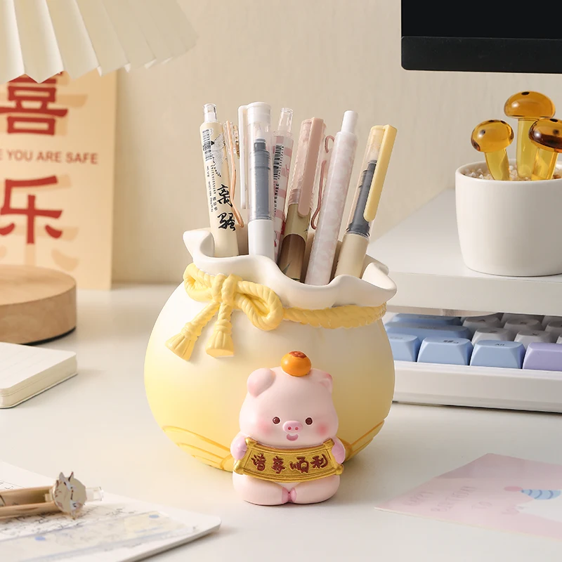 Cute Pig Money Bag Pen Holder, Kawaii Desktop Stationery Storage Bucket Creative Tabletop Decor Ornament