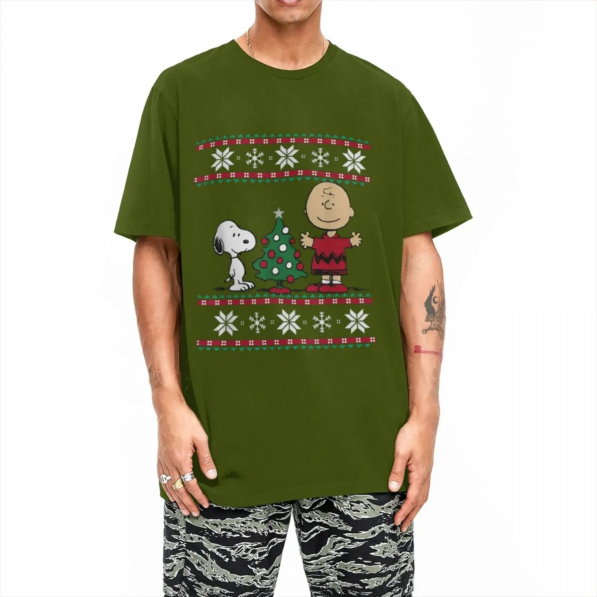 Men Women\'s T-Shirts Peanuts Snoopy And Charlie Christmas Tree 100% Cotton Tees Short Sleeve T Shirts Round Collar Tops Party