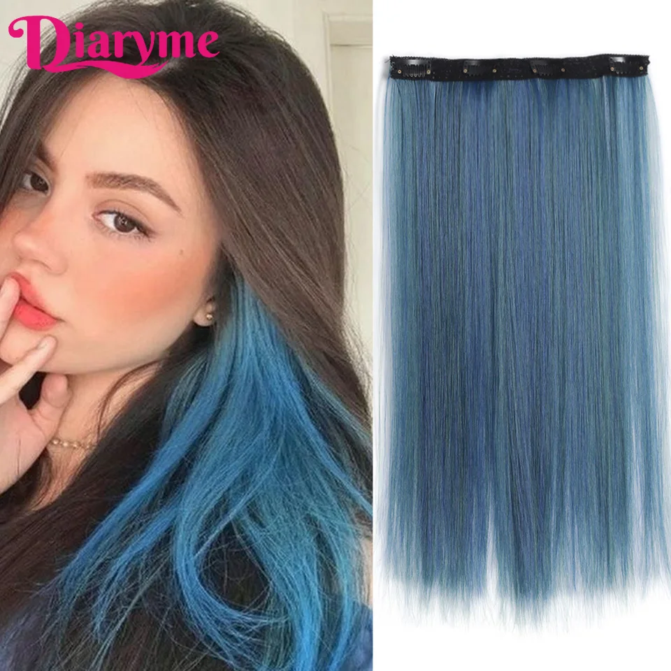 4clips Long Straight Synthetic Clip in Hair Extensions Highlight Colored Hair Piece Clip-on hair Wig Hairpieces hanging ear dye