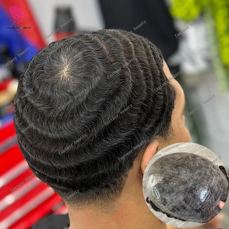 

22 мм Глубокая волна Мужской парик 360 Волны Парики Натуральная линия волос Черные вьющиеся афро человеческие волосы Супер прочная тонкая кожа Пу Серый шиньон