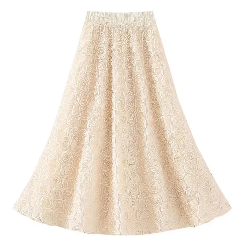 여성용 메쉬 스커트 하이웨이스트 A라인 롱 스커트 3D 장미 꽃 자수 거즈 스커트 봄 가을 웨딩 파티 비치용 w18