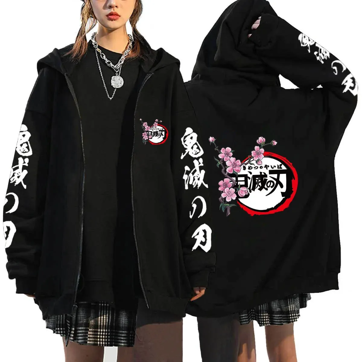 Anime Figure Demon Slayer Agatsuma Zenitsu Kamado Tanjirou Nezuko Cardigan Zipper Coat Couple Wear Hooded Sweatshirt Women