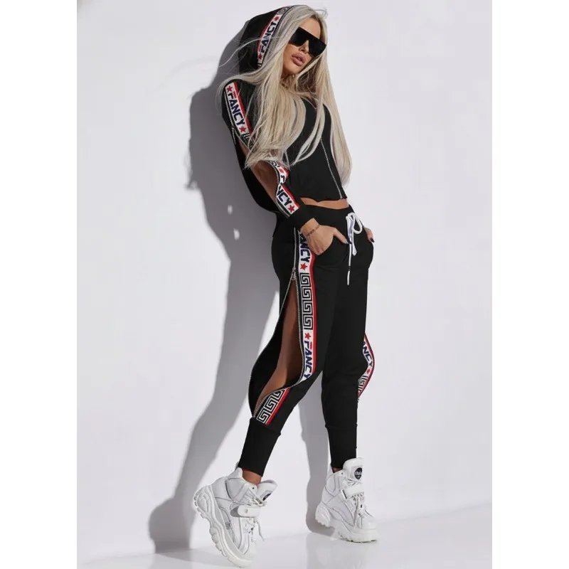 

Модный спортивный женский спортивный костюм на молнии 2025 г., повседневное пальто с капюшоном, брюки-карандаш с эластичной резинкой на талии, брючный костюм из 2 предметов 89917